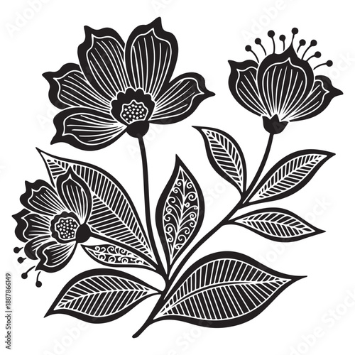 Black and White Line Art Flowers with Intricate Details and Leaves