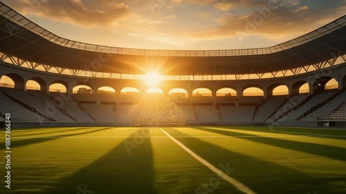 Empty stadium bathed in golden sunset light with green grass field backdrop