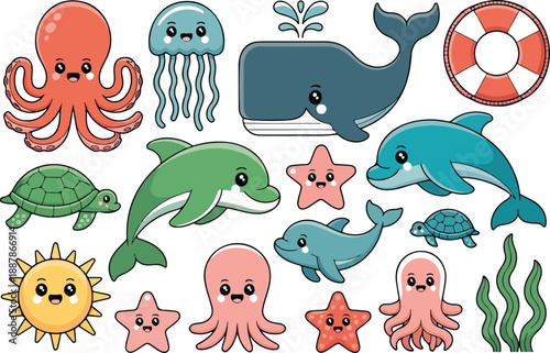 Cute cartoon marine animals including an octopus jellyfish whale dolphin turtle starfish and sun design
