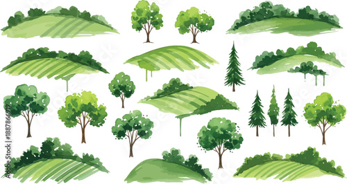 Collection of watercolor painted green landscape elements including rolling hills trees and stylized forest borders for nature design