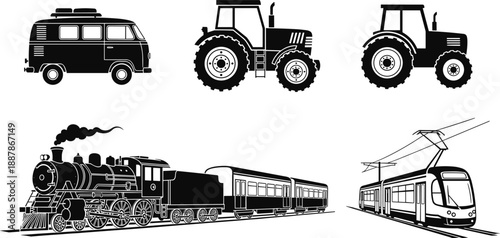 Set of black vector silhouettes featuring a vintage steam train modern tram agricultural tractors and a classic retro travel van.