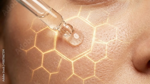 Woman applying a drop of cosmetic serum to her face, showing animated hexagonal cellular patterns representing skin rejuvenation, hydration, and effective barrier repair