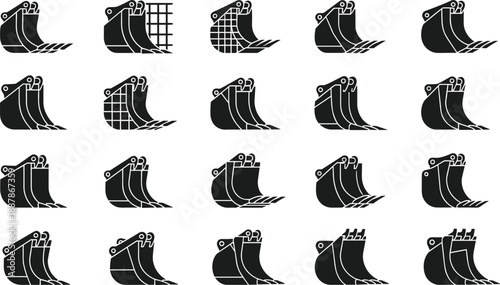 Set of black vector silhouettes showing various excavator bucket designs and digging attachments for heavy construction machinery on white background.