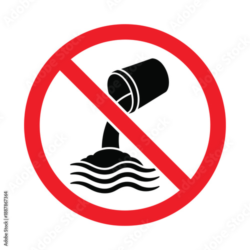 Prohibition sign indicating no dumping of waste into water bodies with clear prohibition symbol