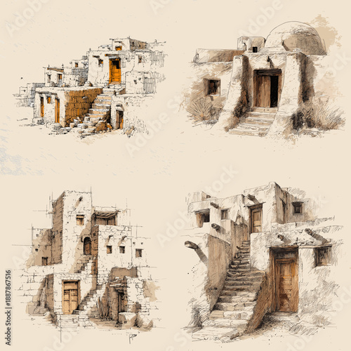 Hand drawn stone village illustration with old houses stairways doors and rustic architecture in sketch and watercolor style.