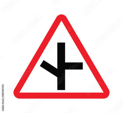 Triangular warning road sign indicating a junction with a side road joining from the right and also a road joining from the left