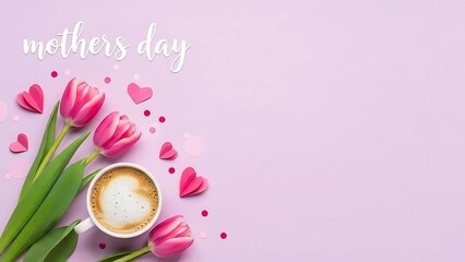 Pink tulips and coffee cup on Mother's Day with hearts and confetti