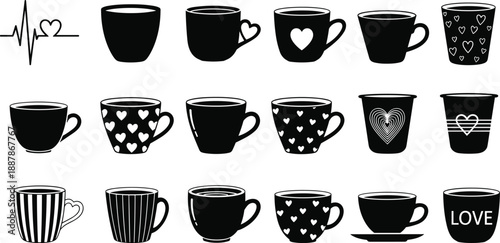Set of black vector silhouettes of coffee cups and mugs with heart patterns and love themes isolated on white background.