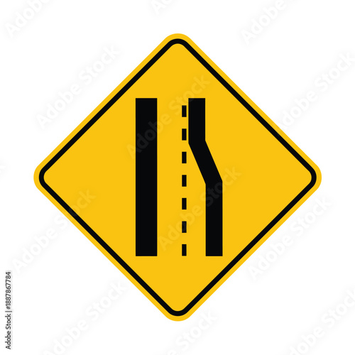 Slika na platnu Yellow diamond warning sign indicating a road narrowing ahead with lane reductio