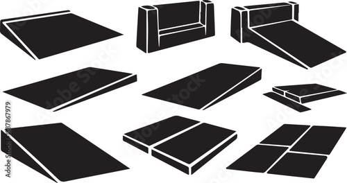 Black and white illustration of various ramp designs collection