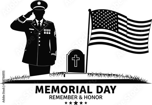 Vector silhouette illustration of a soldier saluting a grave with an American flag for Memorial Day remember and honor tribute.