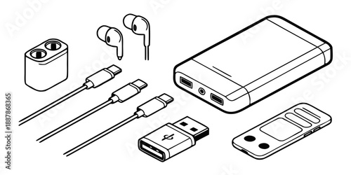 Line drawing of phone accessories including earbuds and chargers displayed together on a simple background from a straightforward viewpoint