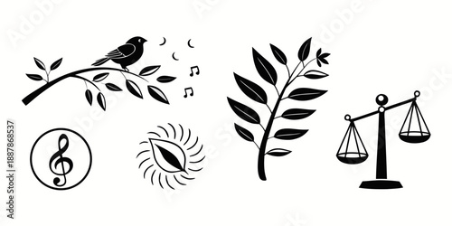 A serene illustration featuring a bird singing on a branch with leaves, a treble clef, an eye, a leafy stem, and a scale.