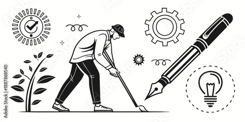 Man cultivating growth with a large pen, surrounded by symbols of creativity and productivity in a simple illustration