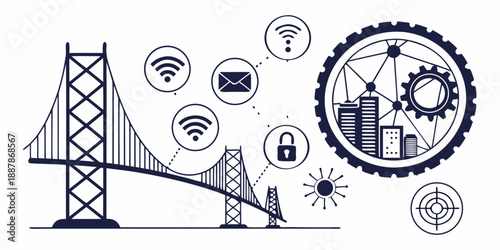 Modern suspension bridge illustration showcasing connectivity and security features in a technological landscape viewed from a distance