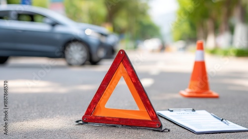 Warning Triangle and Safety Equipment on Roadside after Vehicle Incident, Highlighting Precautions and Emergency Responses for Road Users