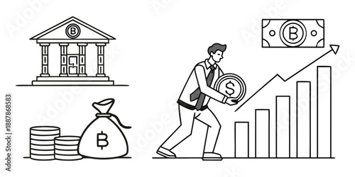 A businessman pushes a large coin up a bar graph towards a rising dollar bill, beside a bank and a money bag filled with coins.