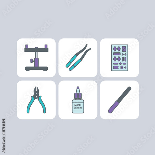 Plastic Model Building Tools Icon Set for Hobby and Craft Including Cement Nipper Tweezers Workstand File and Decal Sheet Isolated on White Background