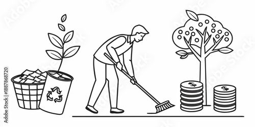 Man cultivating a fruitful tree with coins growing from a recycling bin, illustrating financial growth and eco-friendly practices.