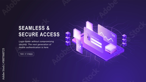 Isometric 3D smartphone with security padlock and blockchain data charts for mobile cybersecurity concept