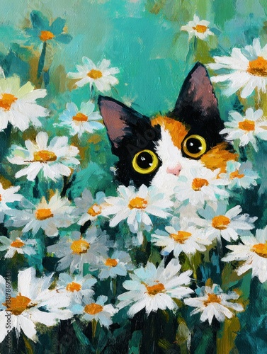 Curious Cat Among Daisies: A Vibrant Floral Escape