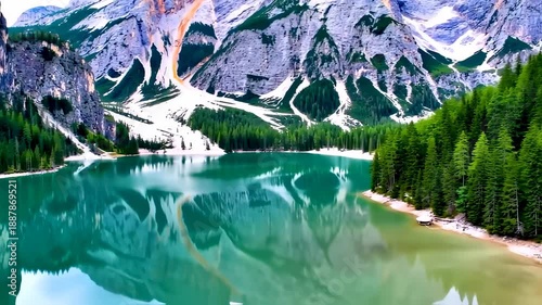 Serene lake surrounded by lush forest and snow-capped mountains in a picturesque landscape view