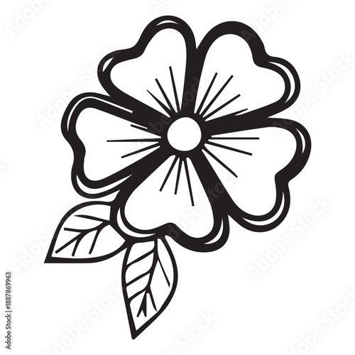 Simple Black and White Flower Illustration with Leaves