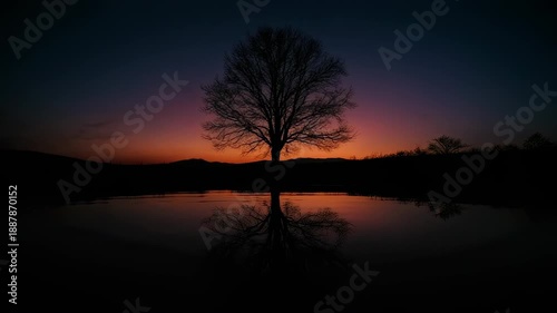 Solitary tree silhouette reflected in serene lake waters at dusk from a distant viewpoint