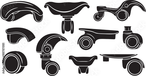 Collection of various skateboard parts in black silhouette style
