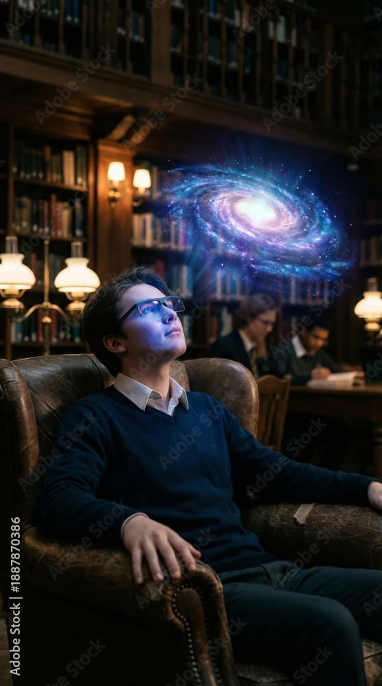 Obraz premium Young man wearing augmented reality glasses experiencing a holographic galaxy in a classic library setting, symbolizing advanced education, future technology, and expanding scientific knowledge