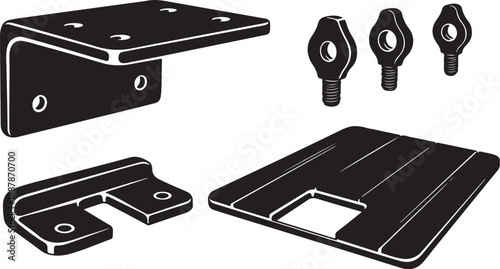 Black metal hardware parts and tools on white background