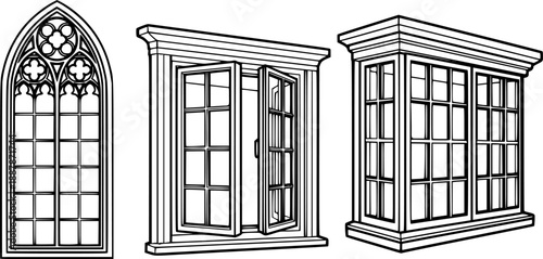 Explore various window designs including arched gothic styles, casement windows, and bay windows for home improvement projects.
