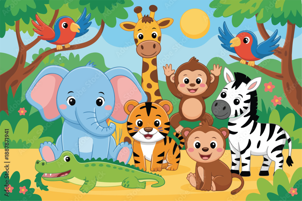 Naklejka premium Cute cartoon wild animals jungle safari scene with trees flowers and sun friendly characters