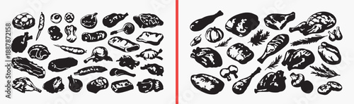 Raw fish and seafood sketch set, fresh ocean fish doodle pattern, healthy seafood restaurant menu vector, fish fillet and whole fish sketch, culinary seafood ingredients illustration, fish market fres