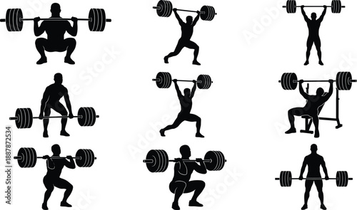 Black silhouette collection of male weightlifters performing various barbell exercises like squats, deadlifts, and bench presses isolated on white background,