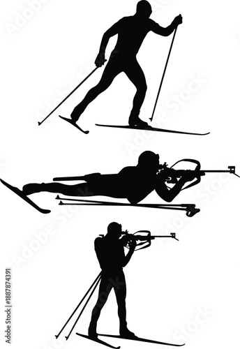 Black silhouette set of biathlon athletes cross country skiing and shooting with rifles in various action poses on white background (20 words)