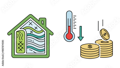 Illustration of home insulation and energy efficiency leading to reduced heating costs and financial savings.