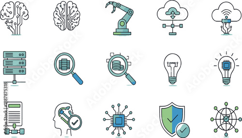 Print Advanced Artificial Intelligence and Machine Learning Icon Set Featuring Neural Networks Robotics Cloud Computing and Smart Technology Symbols