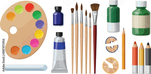 Colorful supplies including paintbrushes and paints on a palette colored pencils