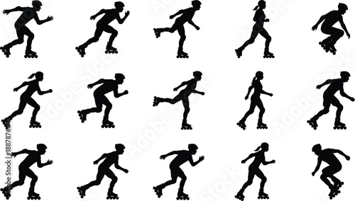 Black silhouette set of professional inline skaters and rollerbladers in various active poses isolated on white background for sports design (20 words)