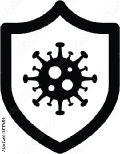Shield protection icon with virus symbol inside, antivirus security defense concept, coronavirus safety badge isolated on white vector illustration