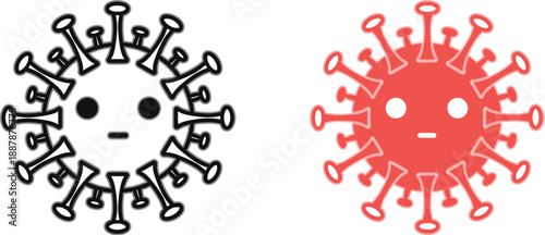 Set of two coronavirus icons in black outline and red silhouette, spiky virus particles isolated on white background vector illustration
