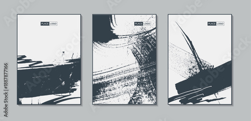 Set of abstract vector grunge textures with brush strokes in steel gray and distressed scratch grain background.