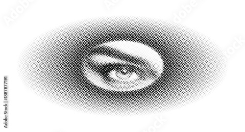 A black and white vector illustration of a human eye rendered with a halftone dot screen, creating a striking and observant visual effect.