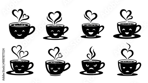 Cute coffee cup character collection set with various facial expressions and heart shaped steam icons on white background for creative design projects