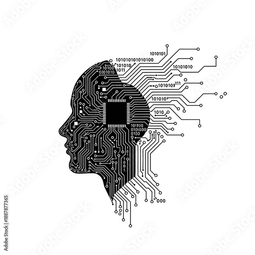 Artificial intelligence concept with a human head silhouette integrated with circuit board and binary code.