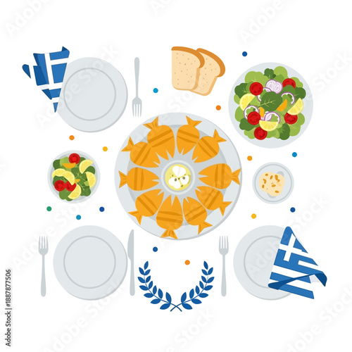 Traditional Greek meal with fish, salad, bread, and dips on a table