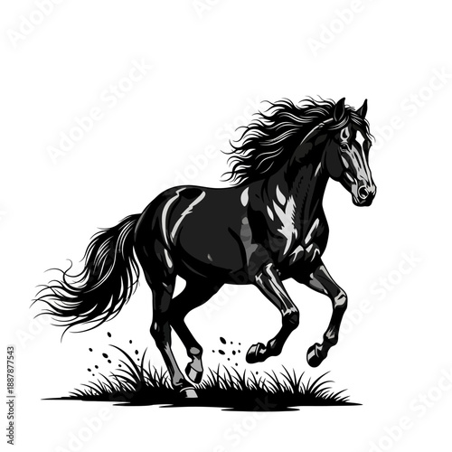 A powerful black horse with a flowing mane gallops across a grassy field, depicted in a dynamic black and white illustration.