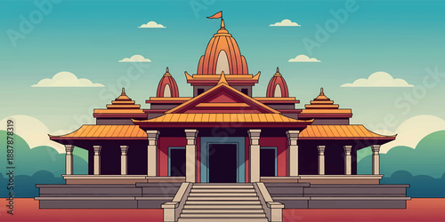 An elegant illustration of traditional temple architecture with symmetrical structure and cultural details. Balanced composition and calm colors create a spiritual atmosphere