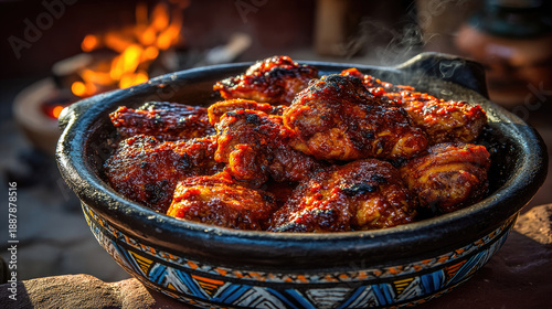 Delicious BBQ Chicken Wings in Rustic Bowl by Fire.